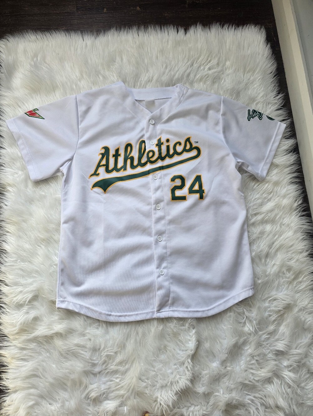Athletics White #24 Baseball Jersey with Green & Gold Script